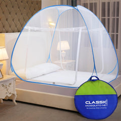 Classic Mosquito Net for Double Bed | King Size Foldable Machardani | Polyester 30GSM Strong Net | PVC Coated Corrosion Resistant Steel Wire - Full Blue Wave